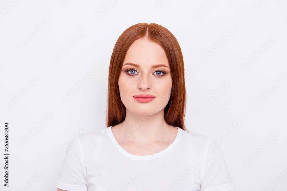 Close up photo beautiful amazing she her lady kindhearted overjoyed look wondered interested curious camera long straight hair wearing casual t-shirt outfit clothes isolated white light background Close up photo beautiful amazing she her lady kindhearted overjoyed look wondered interested curious camera long straight hair wearing casual t-shirt outfit clothes isolated white light background