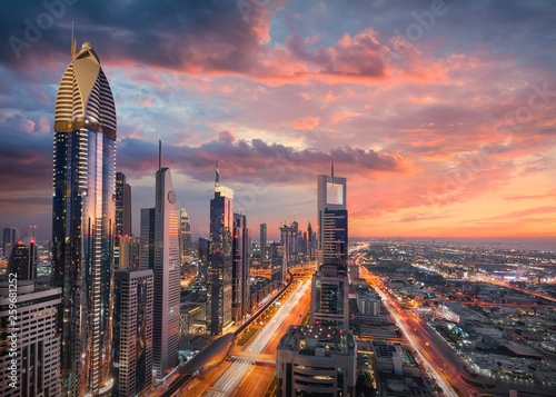 Photography Skyline of downtown Dubai city with Sheikh Zayed Road