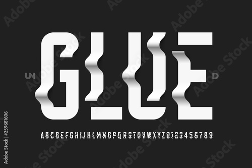 Unglued style modern font design, alphabet letters and numbers