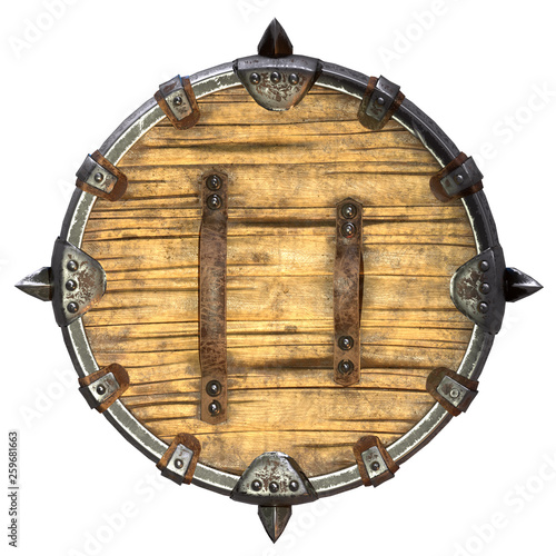Fantasy round viking wooden shield on an isolated white background. 3d illustration