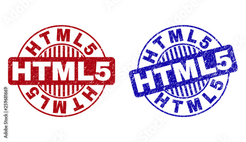 Grunge HTML5 round stamp seals isolated on a white background. Round seals with grunge texture in red and blue colors. Vector rubber overlay of HTML5 title inside circle form with stripes.