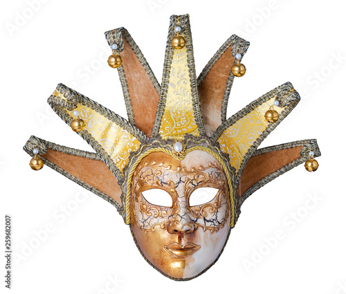 Beautiful golden carnival mask from Venice. Italy. Venetian mask isolated on white background, with clipping path.