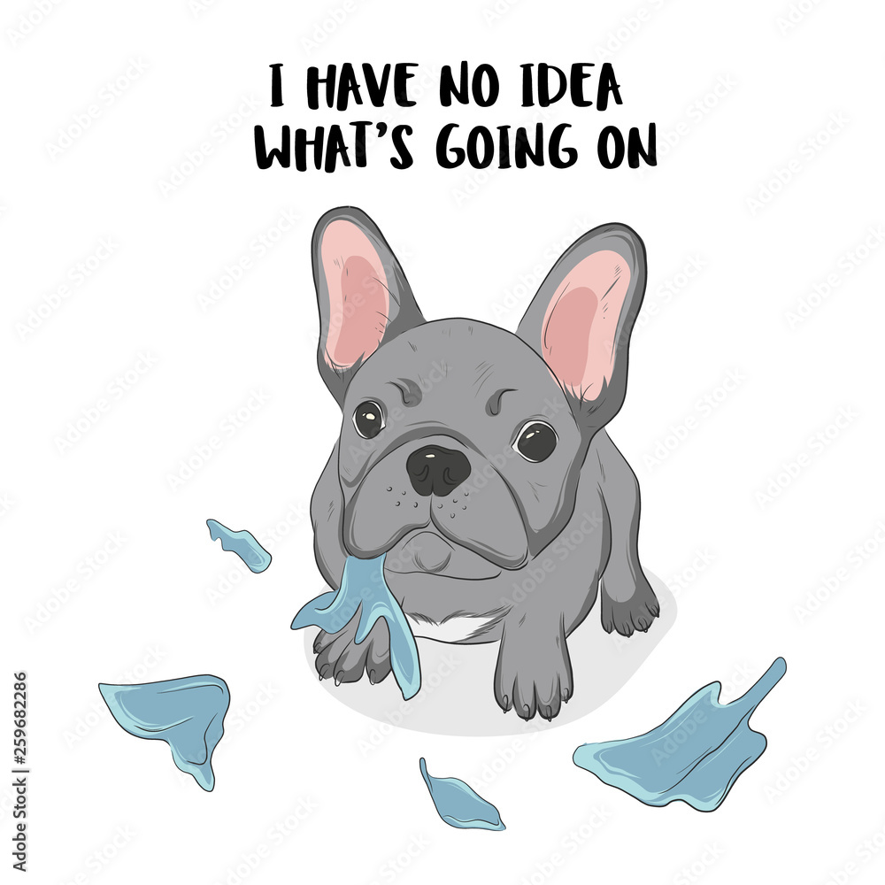 Funny dog destroyed something vector illustration. Pug playing with home  stuff drawn character with text. Cute hand-drawn puppy pet sketch. Humor  quote. Stock Vector | Adobe Stock