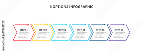 Thin line flat elements with arrows for infographic. Template for timeline or process chart with 6 steps