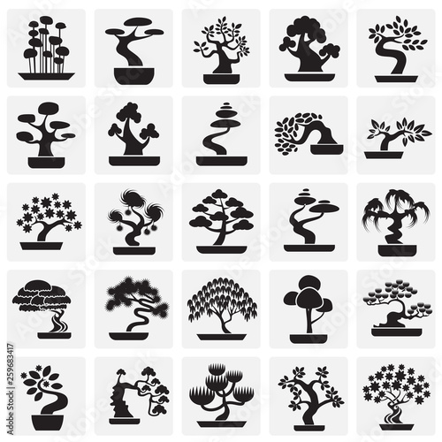 Bonsai icons set on squares background for graphic and web design. Simple vector sign. Internet concept symbol for website button or mobile app.