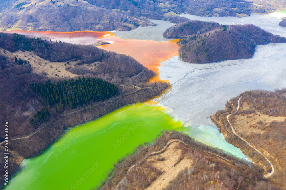 Aerial view of a lake filled with chemical waste water