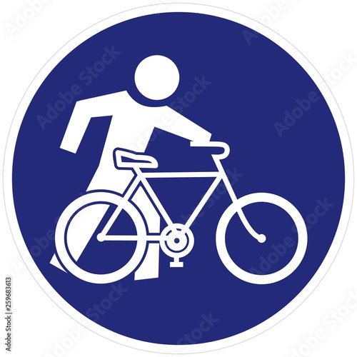 Cyclist, Get Off The Bike, go next to the bike, vector road sign, blue circle frame