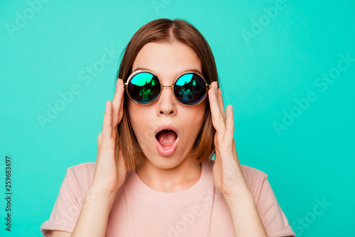 Фотография Close up photo beautiful funny funky her she lady hold sunglass oh no expression