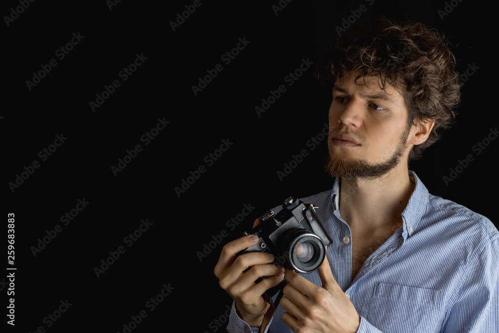Bearded man taking photo. Photographer with old fashion camera Bearded man taking photo. Photographer with old fashion camera