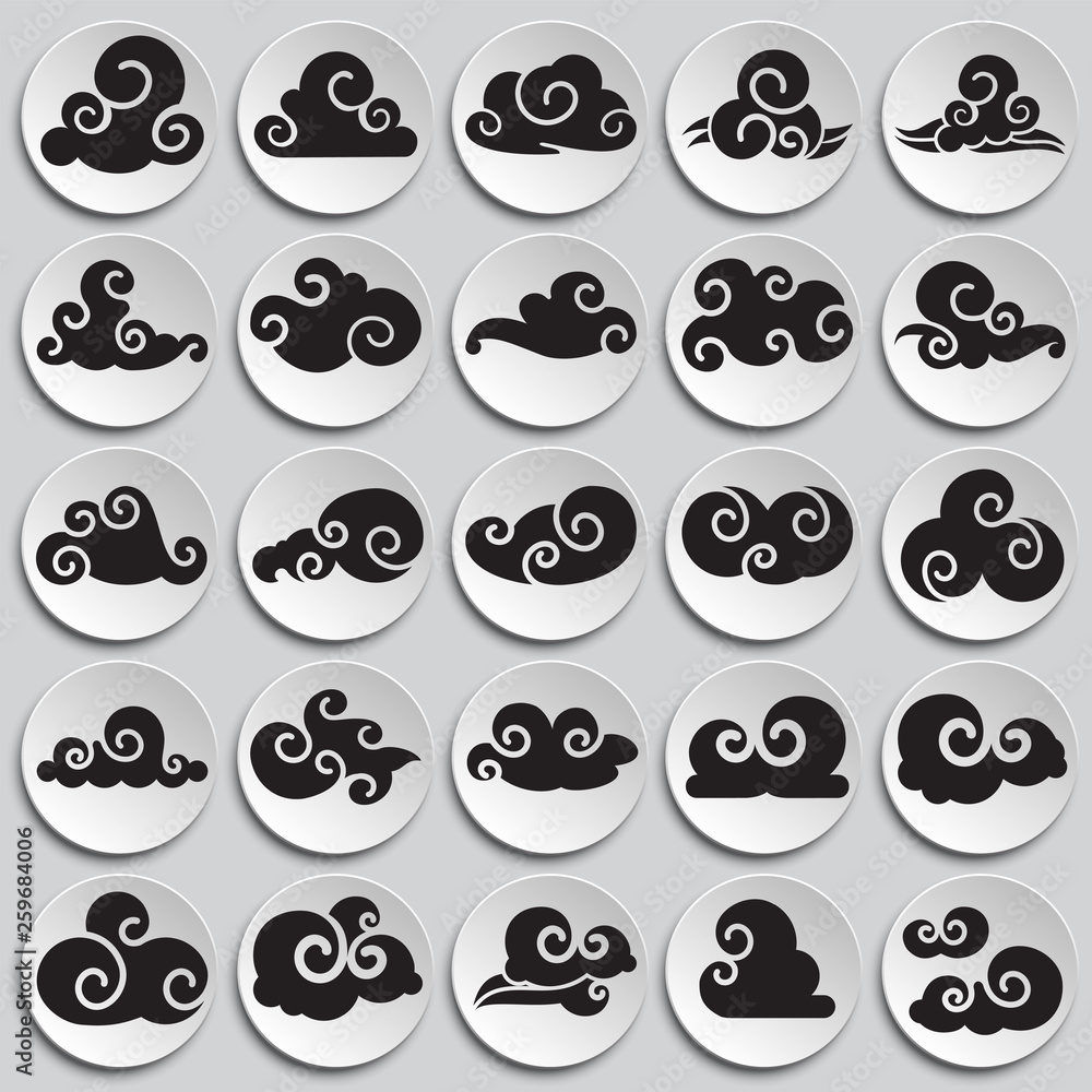 Asian clouds icons set on plates background for graphic and web design. Simple vector sign. Internet concept symbol for website button or mobile app.