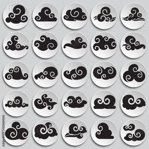 Asian clouds icons set on plates background for graphic and web design. Simple vector sign. Internet concept symbol for website button or mobile app.