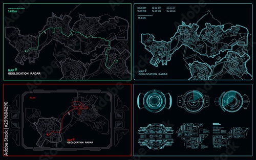 Navigate mapping technology dashboard GPS tracking map, showing movement and final destination on the streets of the city, with HUD futuristic user interface elements