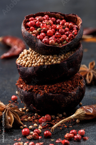 Fototapeta Naklejka Na Ścianę i Meble -  Wooden table of colorful spices