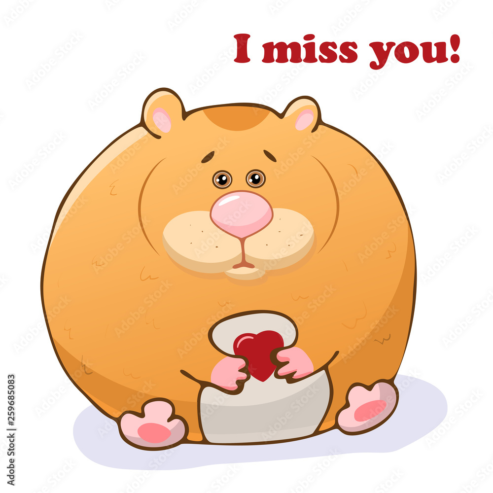 Vector funny animal. Cute hamster with a heart in his hands. Postcard with  the phrase: I miss you. Cute little animal. Isolated object on white  background. Stock Vector | Adobe Stock