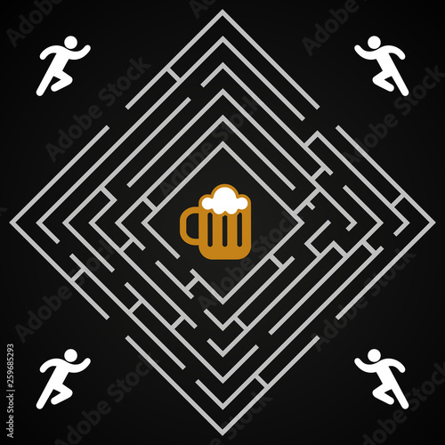 Beer labyrinth -  man run for a glass of dark beer background template