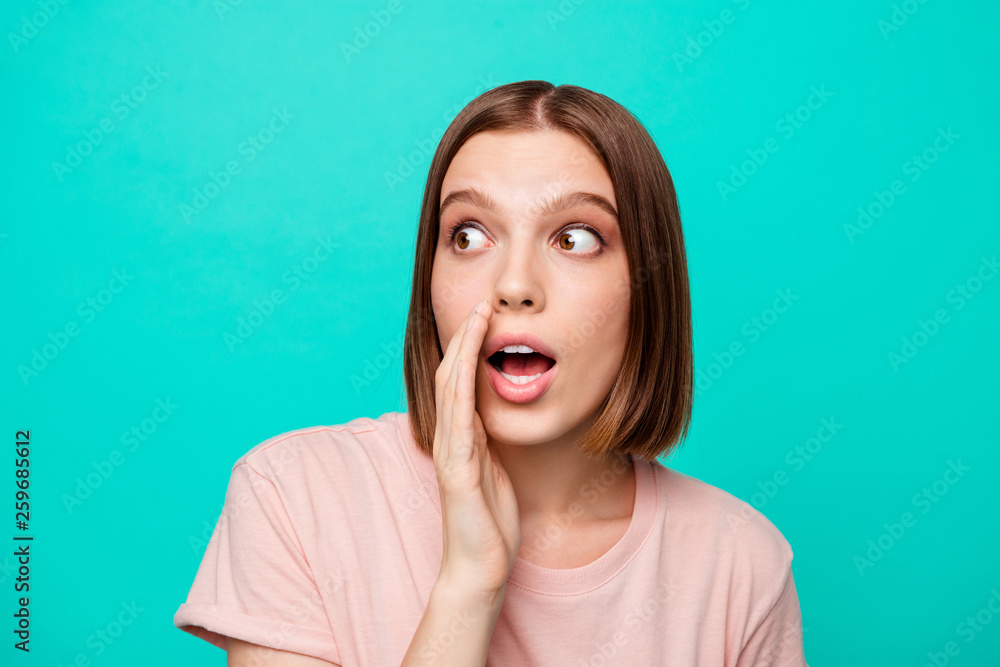 Close up photo of sly cunning lady share secrecy incredible news say omg wow whisper place hand palm open mouth look have free time impressed astonished modern pink clothes isolated teal background Close up photo of sly cunning lady share secrecy incredible news say omg wow whisper place hand palm open mouth look have free time impressed astonished modern pink clothes isolated teal background