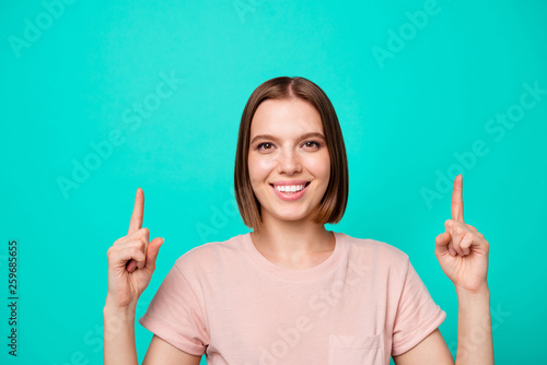 Adverts discount concept. Portrait of cute lady decide advise choose tips feedback information news pick notice way present display novelties wear beautiful pink outfit isolated on teal background