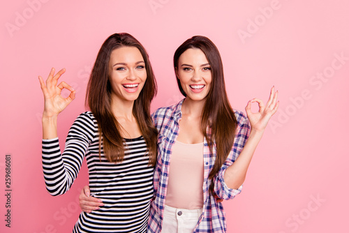 Portrait of nice-looking attractive lovely sweet fascinating winsome cheerful cheery straight-haired girls wearing casual showing ok-sign isolated over pink pastel background