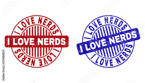 Grunge I LOVE NERDS round stamp seals isolated on a white background. Round seals with grunge texture in red and blue colors.