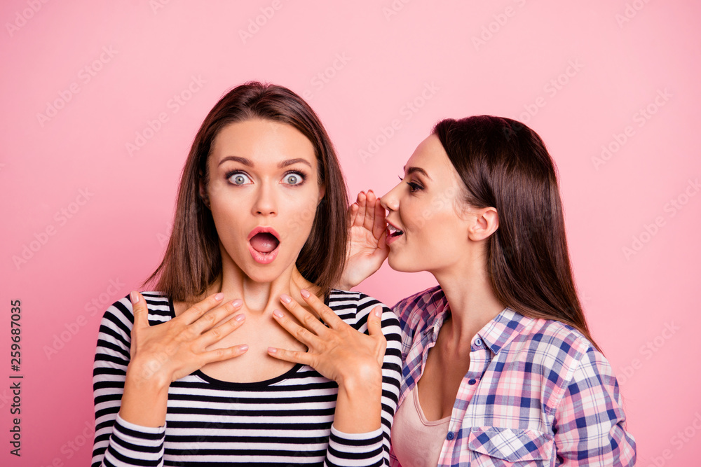 Close-up portrait of nice-looking attractive sweet lovely winsome cute charming girlish amazed cheerful straight-haired girls spreading rumour isolated over pink pastel background Close-up portrait of nice-looking attractive sweet lovely winsome cute charming girlish amazed cheerful straight-haired girls spreading rumour isolated over pink pastel background