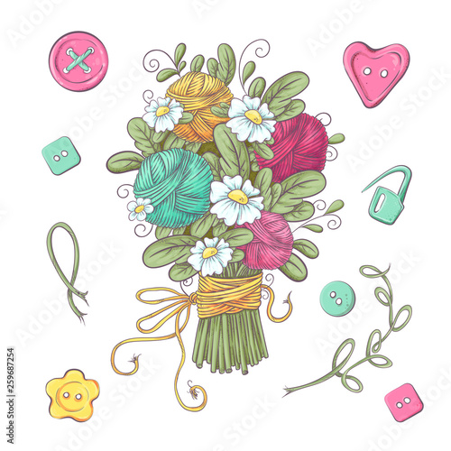 Set for handmade knitted flowers and elements and accessories for crocheting and knitting