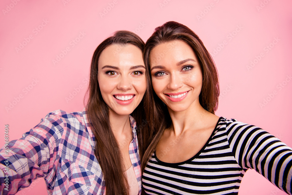 Self-portrait of nice-looking attractive lovely sweet fascinating winsome magnificent cute charming cheerful cheery straight-haired girls isolated over pink pastel background Self-portrait of nice-looking attractive lovely sweet fascinating winsome magnificent cute charming cheerful cheery straight-haired girls isolated over pink pastel background
