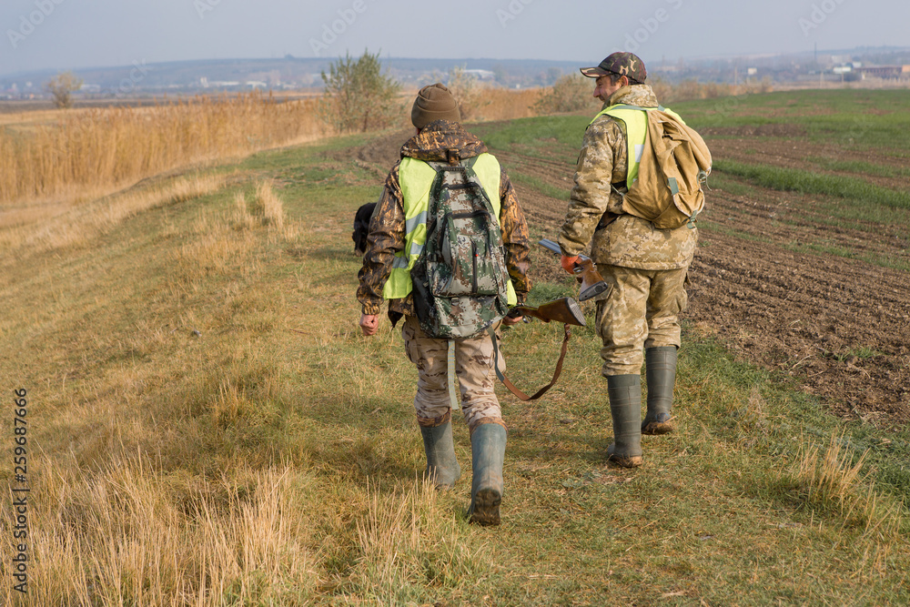 Hunters with a german drathaar and spaniel, pigeon hunting with dogs in reflective vests Hunters with a german drathaar and spaniel, pigeon hunting with dogs in reflective vests