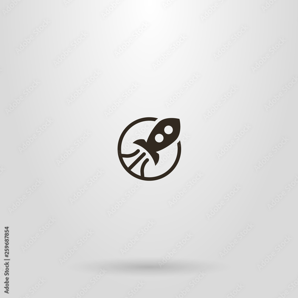 black and white simple flat art sign of cartoon flying rocket in a round frame black and white simple flat art sign of cartoon flying rocket in a round frame