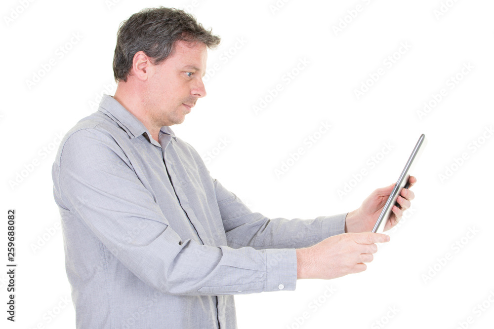 Causal handsome man with Digital Tablet on White Causal handsome man with Digital Tablet on White