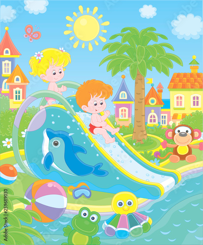 Small children sliding down from a waterslide in a summer aquapark, vector illustration in a cartoon style