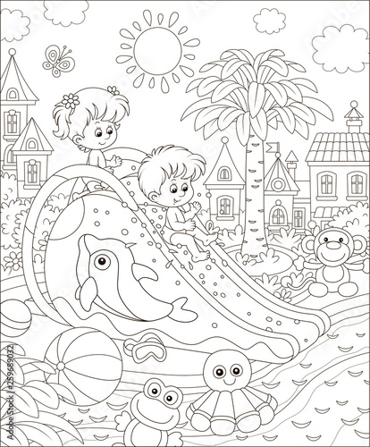 Small children sliding down from a waterslide in a summer aquapark, black and white vector illustration in a cartoon style for a coloring book