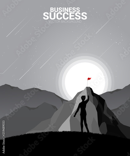 Silhouette of businessman planning to top of mountain. Concept of Goal, Mission, Vision, Career path, Polygon dot connect line style