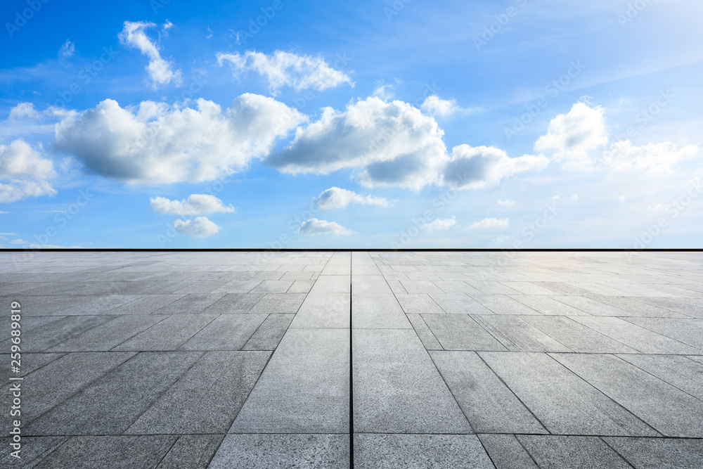 Empty floor and blue sky and white clouds scene