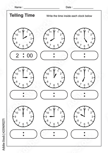 Telling Time Telling the Time Practice for Children Time Worksheets for Learning to Tell Time vector
