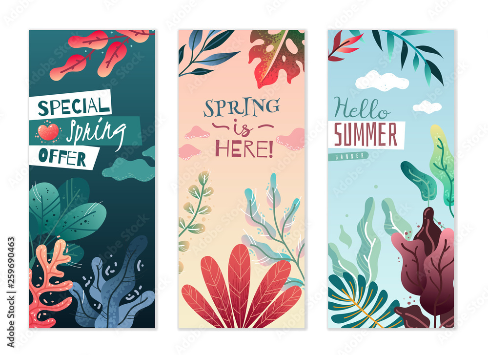 Spring summer decorative vertical banners. Pleasant colors and delicate gradients.