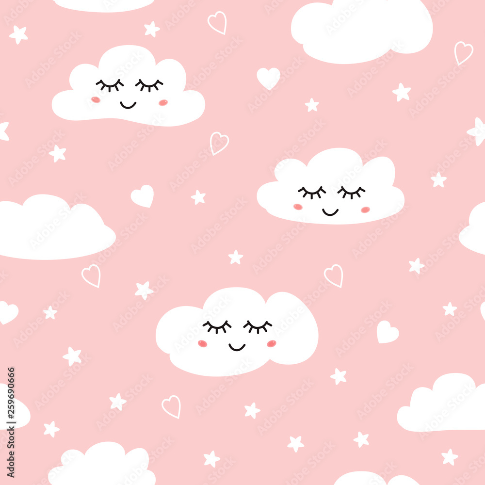 Sweet pink seamless pattern White sleeping clouds background collection Baby girl ornament template vector