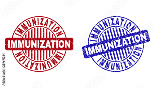 Grunge IMMUNIZATION round stamp seals isolated on a white background. Round seals with grunge texture in red and blue colors.