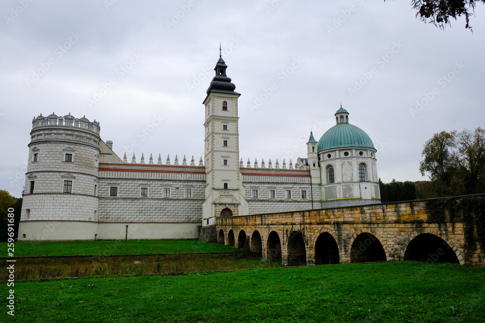 Aerial view to Krasicki Palace in Krasiczyn, Poland