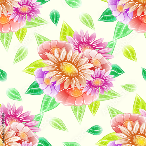 Abstract seamless flowers pattern with herbs, plants, leaves. Use for floral design card, print frame, poster, background template, wedding wallpaper, invitation decor, greeting postcard. Vector