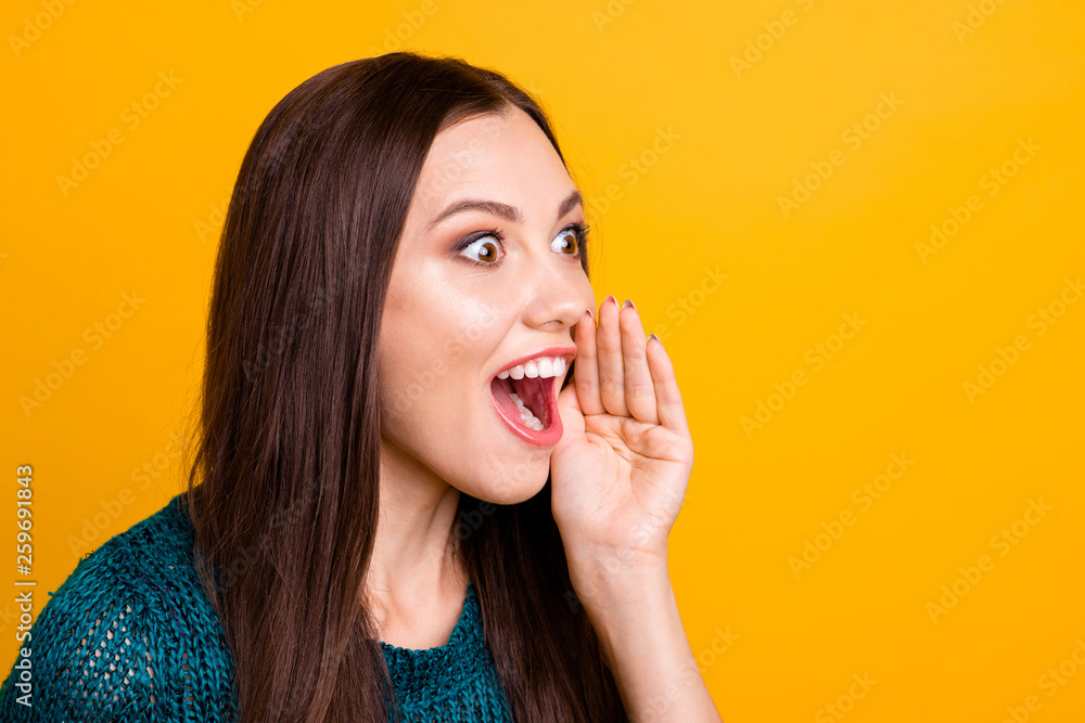Close up side profile photo beautiful her she lady open mouth hands arms palms help spread information novelty chatterbox wear jeans denim green knitted pullover jumper isolated yellow background Close up side profile photo beautiful her she lady open mouth hands arms palms help spread information novelty chatterbox wear jeans denim green knitted pullover jumper isolated yellow background
