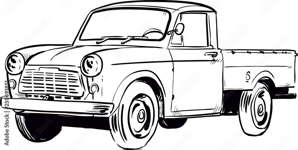 Vintage pickup truck vector illustration. Line art retro american car