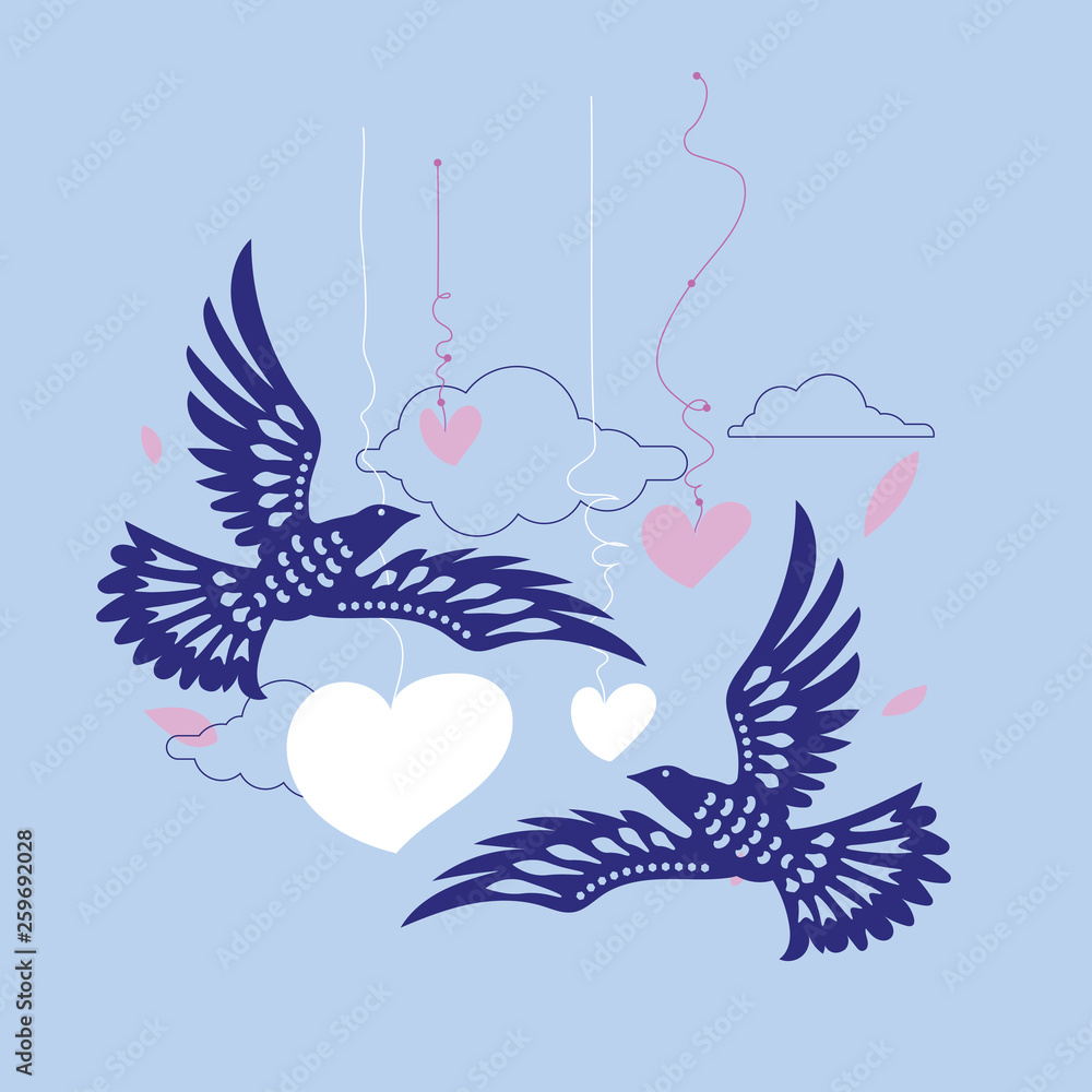 Two Doves or Paloma Flying with Heart Background in the Sky