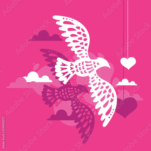 Two Doves or Paloma Flying with Heart Background in the Sky © defarmerdesign