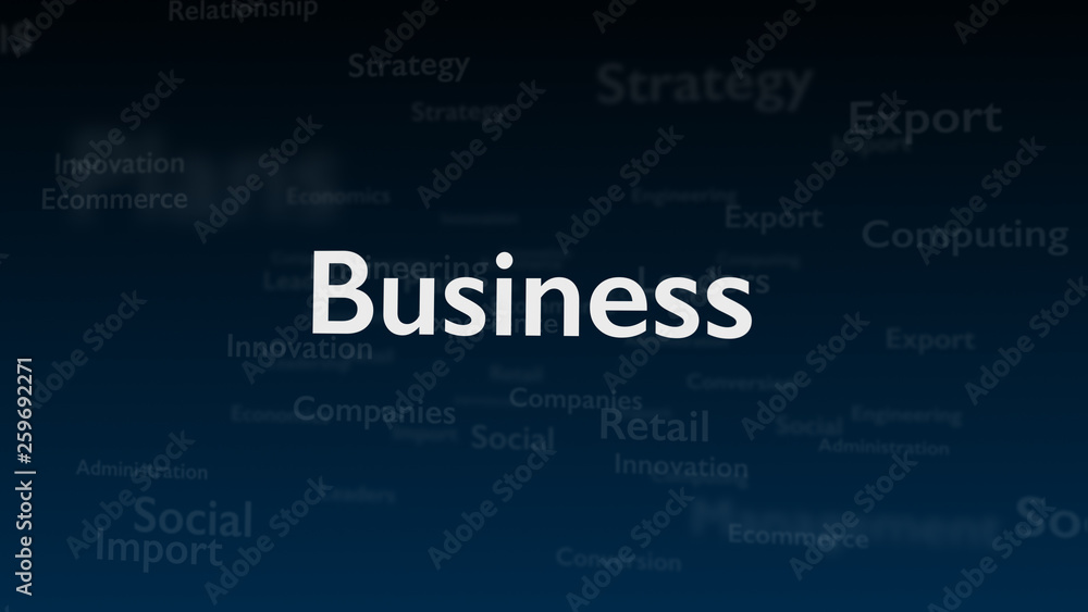 Deep blue background with different words, which deal with business. Close up. Copy space. 3D.