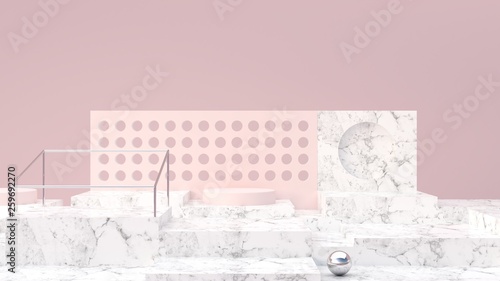 Marble shapes on a pink abstract background. Minimal boxes and a cylinder podium. Empty showcase for cosmetic product presentation. Fashion magazine. Scene with geometrical forms. 3d render. 