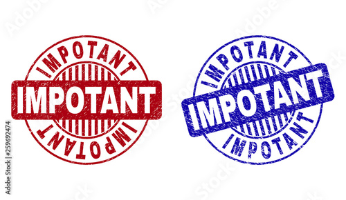 Grunge IMPOTANT round stamp seals isolated on a white background. Round seals with grunge texture in red and blue colors. Vector rubber watermark of IMPOTANT label inside circle form with stripes.