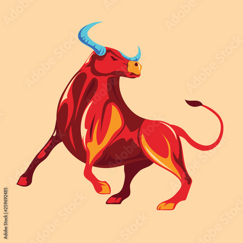 Fantasy red bull design with blue horn