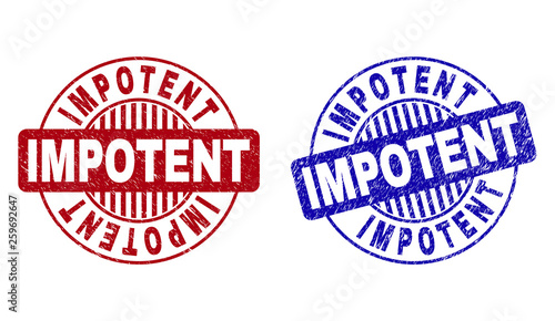 Grunge IMPOTENT round stamp seals isolated on a white background. Round seals with grunge texture in red and blue colors. Vector rubber imitation of IMPOTENT label inside circle form with stripes.