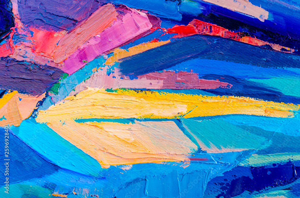 vAbstract colorful oil painting on canvas. Oil paint texture with brush and palette knife strokes. Multi colored wallpaper. Modern art, cover design concept. Horizontal fragment.