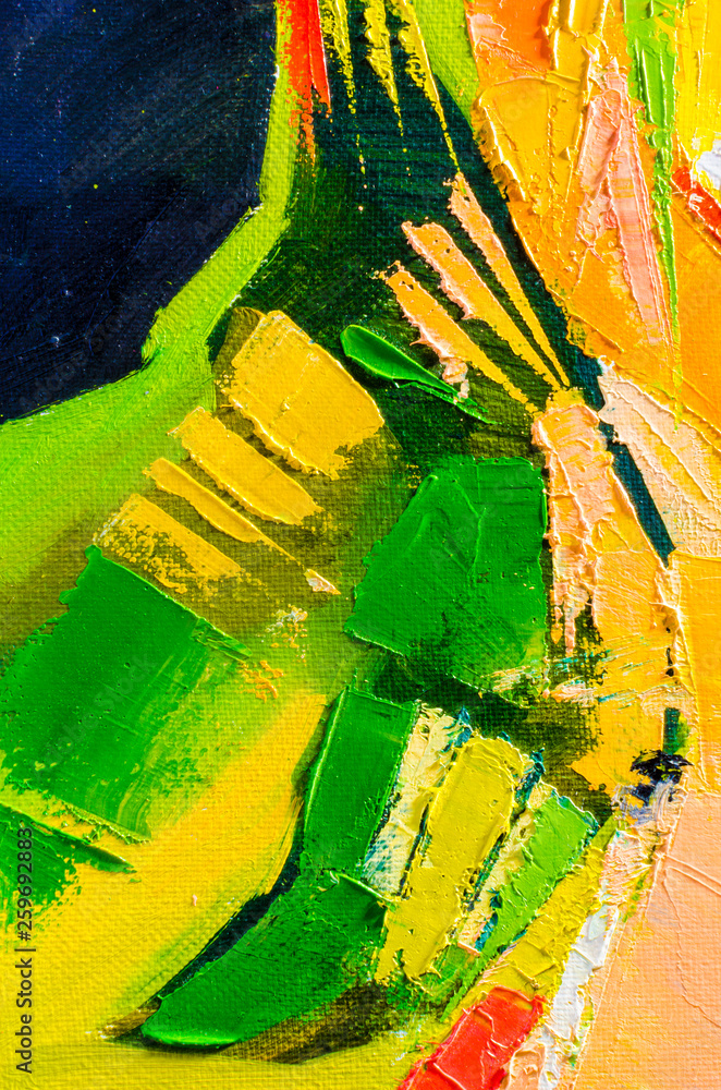 Fototapeta premium Abstract oil painting on canvas. Oil paint texture. Brush and palette knife strokes. Multi colored wallpaper. Close up acrylic background. Horizontal artwork fragment.